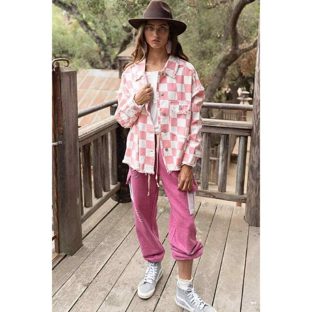 POL Clothing Pink and White Denim Checkered Race Check Shacket New S-L YWT7 - Picture 5 of 8